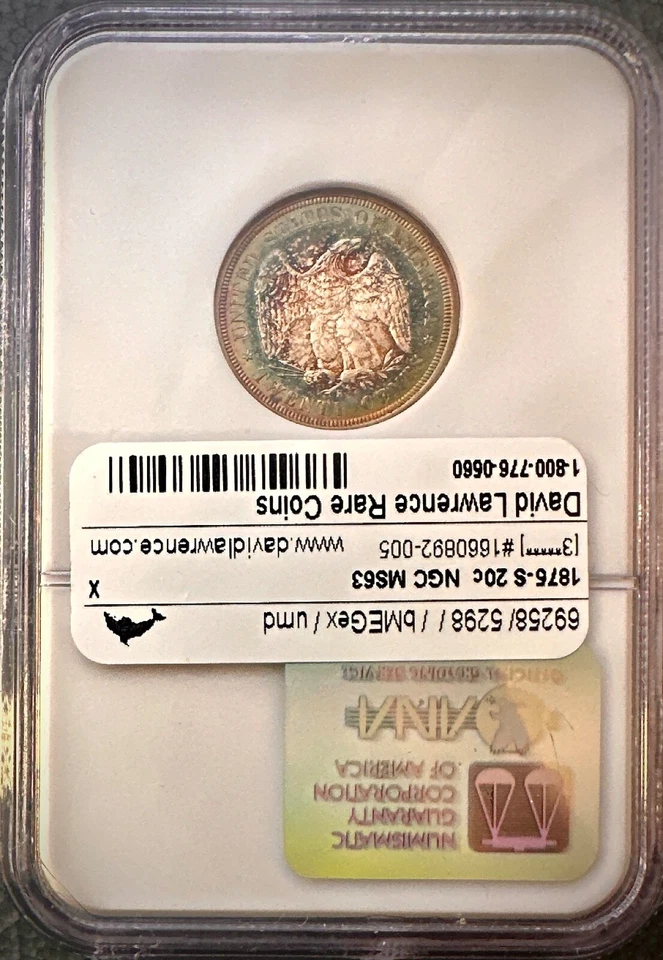  1875-S Liberty Seated Silver Twenty-Cent Piece NGC MS 63 Nice Sweet Toning - Image 2 of 4
