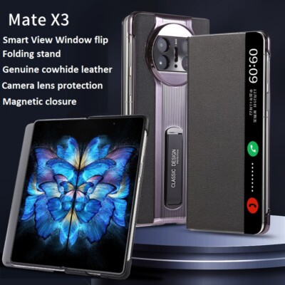Luxury Smart View Genuine leather Flip Cover Bracket Case For Huawei Mate X3 X5