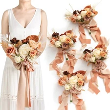 Ling's Moment Boho Bridesmaid Bouquet Set of 4, Rust and Sepia Wedding Bouque...