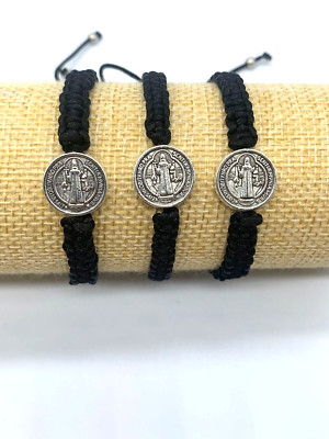 three black cord bracelet silver St Jude's medal collectible adjustable religion
