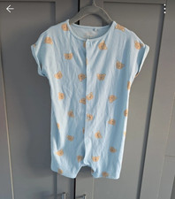 NEXT Baby Bear Romper 12-18 Months Blue Ribbed Cotton Short Sleeve Button