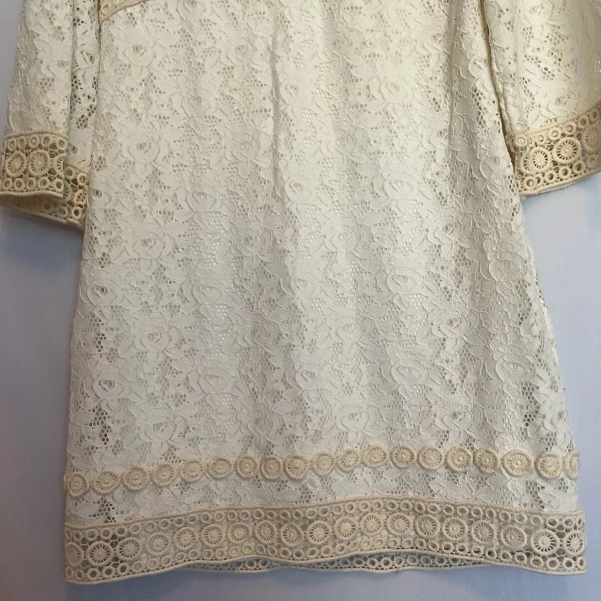 OFF WHITE Abito all'uncinetto pizzo bianco sporco Laundry By Shelli Segal foderato dietro diamantato taglia 6P