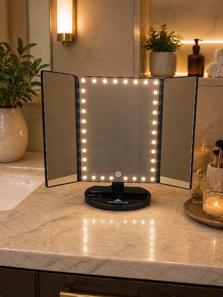 Espejo de maquillaje de mesa iluminado triple pliegue LED tocador Impressions negro - Imagen 3 de 3