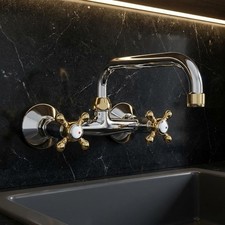 Chrome Gold Kitchen Tap Wall Mounted Cross Head Swivel Spout