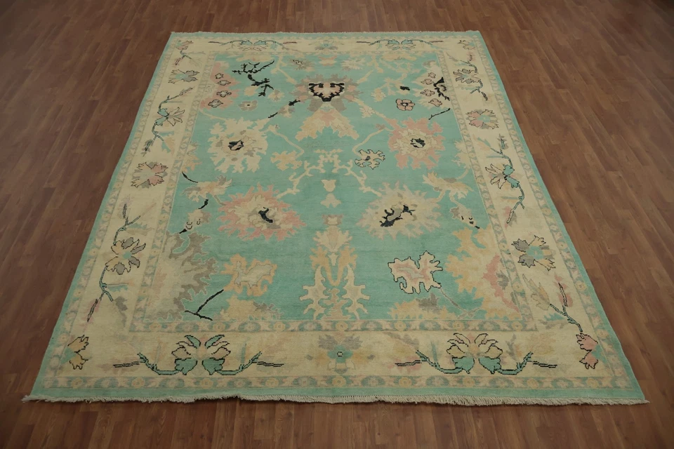 Turquoise Floral Oushak Area Rug 9x11 Ft Hand-Knotted Transitional Oriental Rug - Image 2 of 4