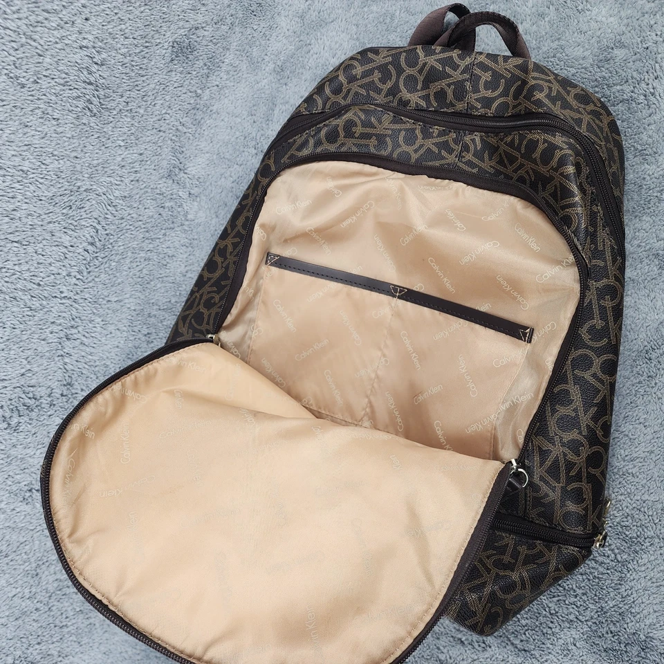 Calvin Klein Signature Backpack Brown Monogram Gold Logo Print Book Bag Womens - Image 4 of 4