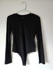 American Eagle Black Ribbed Long Sleeve Bodysuit Women s Size L