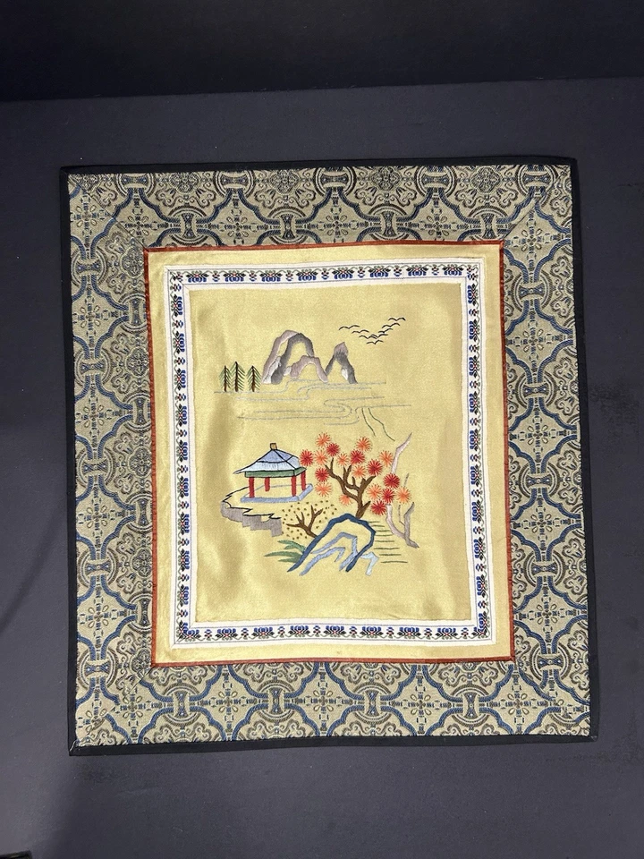 Two 1980s Chinese Silk Embroidery Panels Landscape Views 11"x10" Yellow And Blue - Image 2 of 4