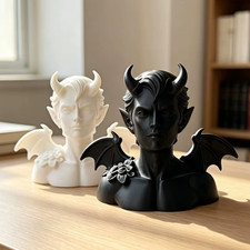 Gothic demon bust Halloween dark fantasy sculpture matte black horns wings decor