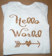 "Hello World" In gold Letters. new onsie Size 0-3M  Boy /Girl by Gerber 
