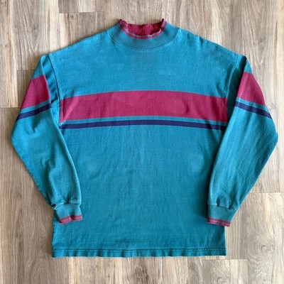 VINTAGE L.L. Bean Shirt Men's Size L Blue Striped Mock Neck Long Sleeve USA 80s