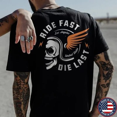 RIDE FAST DIE LAST Crazy Skull with a wings helmet Black Print T-shirt