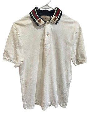 Gucci Men's White Polo Shirt Embroidered Collar Size M 93% Cotton