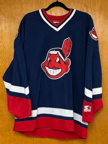 Vintage 90s Starter Cleveland Indians Hockey Jersey Large RARE Chief Wahoo MLB