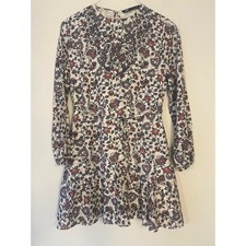 Zara Floral Embroidered Mini Dress Blue Red Long Sleeve Tie Waist Size Small