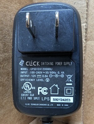 CLICK AC/DC ADAPTER CPS012A120080U POWER SUPPLY 100-240AC 50/60Hz 0.4A to 12VDC