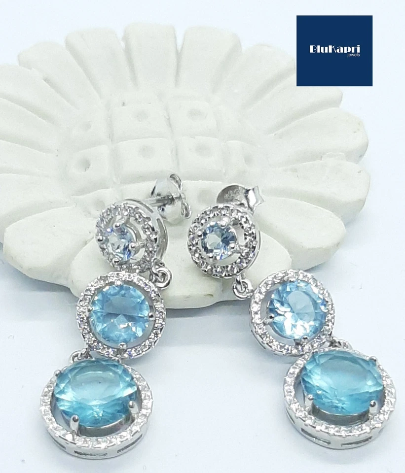 Orecchini lunghi pendenti Donna in Argento 925 con zirconi bianchi e acquamarina - Immagine 2 di 4