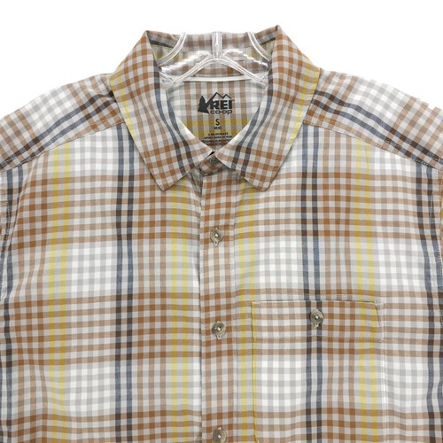 REI Coop Wanaka Woven Shirt Brown Gray Yellow Check Nylon Tencel