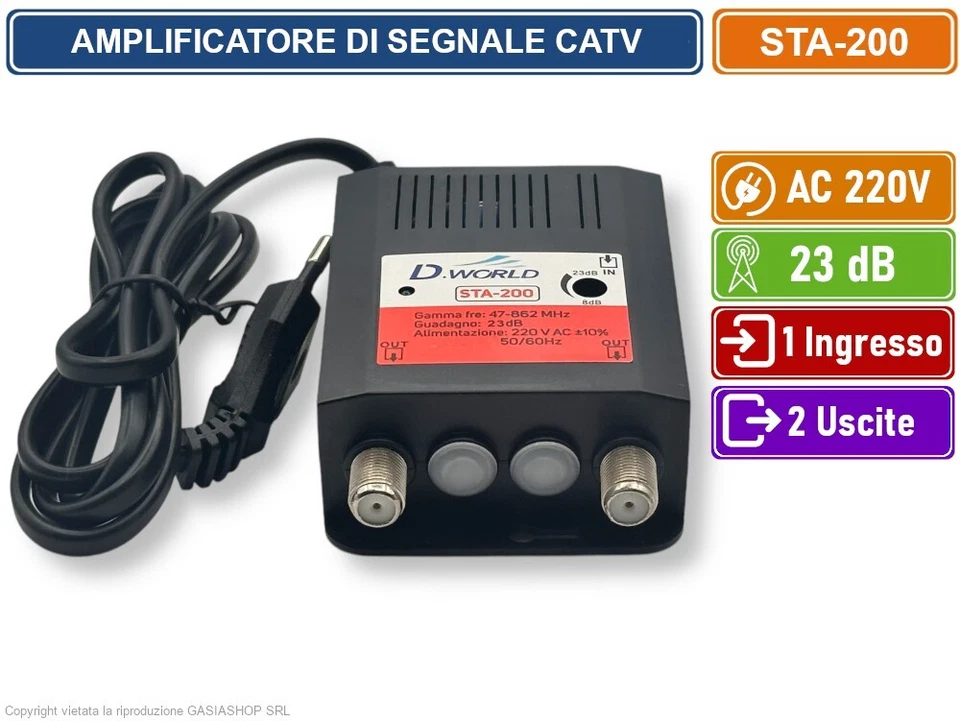 AMPLIFICATORE DI SEGNALE TV DIGITALE TERRESTRE DVB-T2 GUADAGNO 23dB 1 INGR. 2USC - Immagine 3 di 4