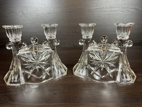 Pair Of Vintage Anchor Hocking EAPC Clear Prescut Glass Double Candle Holders