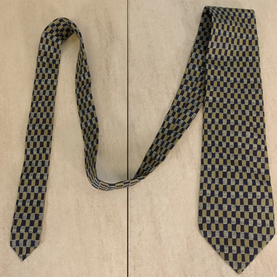 OF KRIZIA Vestido Traje Cuello Corbata Para Hombre Azul Beige Azulejo Micro Cuadros Seda Prendas de Trabajo Foto 3 de 4