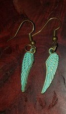 Gold Patina Turquoise Angel Wings Drop Dangle Pierced Earrings, Egyptian Ma'at!