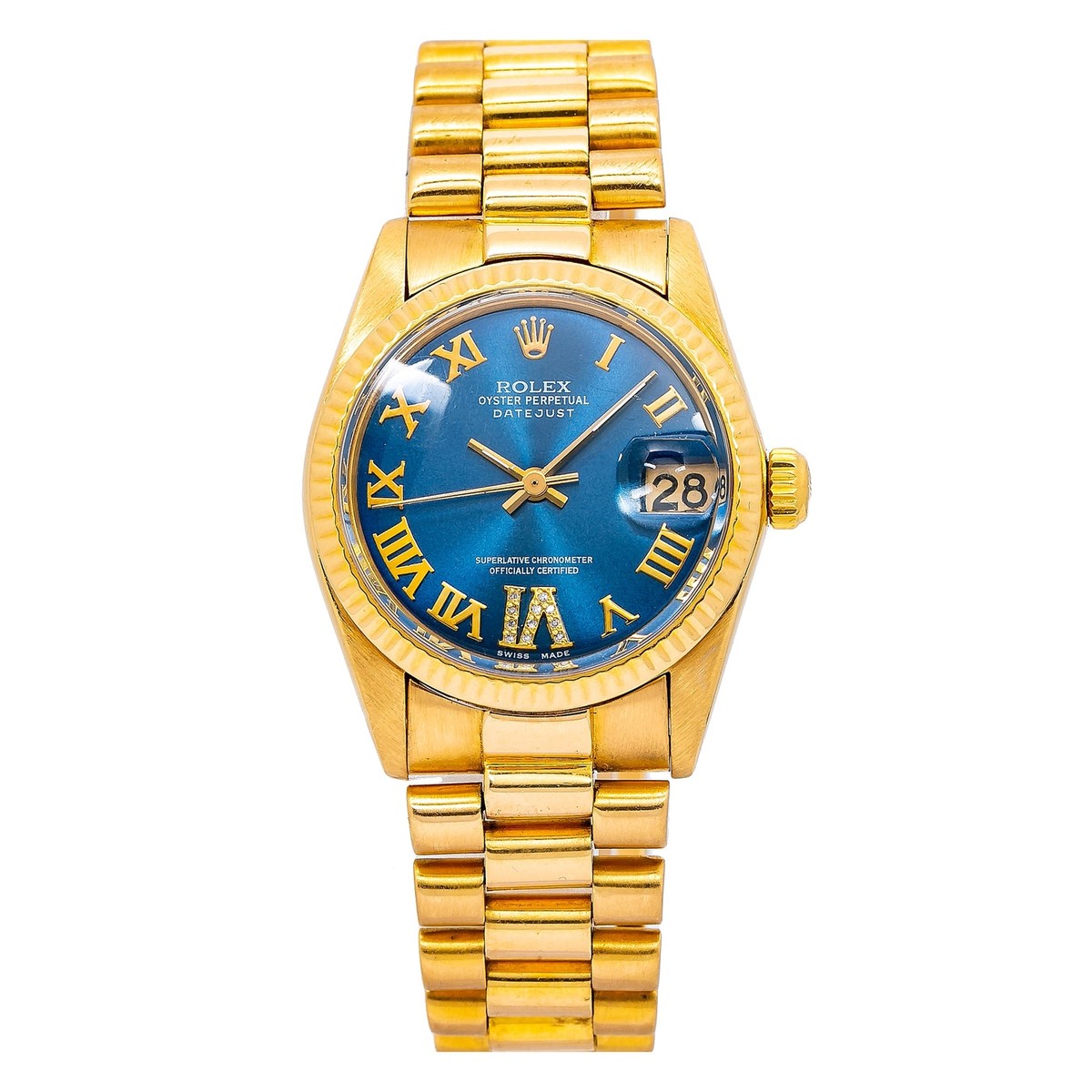 Rolex Datejust 31mm Blue Roman Dial Yellow Gold Fluted Bezel