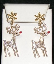 Rudolph Reindeer Snowflake Christmas Earrings-Rhinestones-Pierced NEW