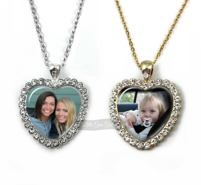 Personalized Custom Photo Rhinestone Heart Pendant Necklace in
