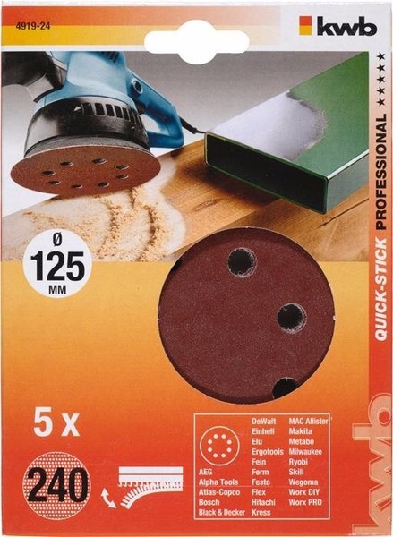 Kwb QUICK-STICK Schleifscheiben FüR Holz & Metall, Gelocht, Ø 125Mm, KöRnung 240-image