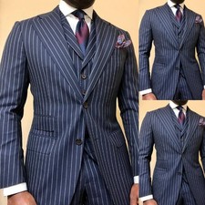 New Navy Striped Men's Suits Formal Business Wedding Groom Tuxedo Pant Vest 3 Pc