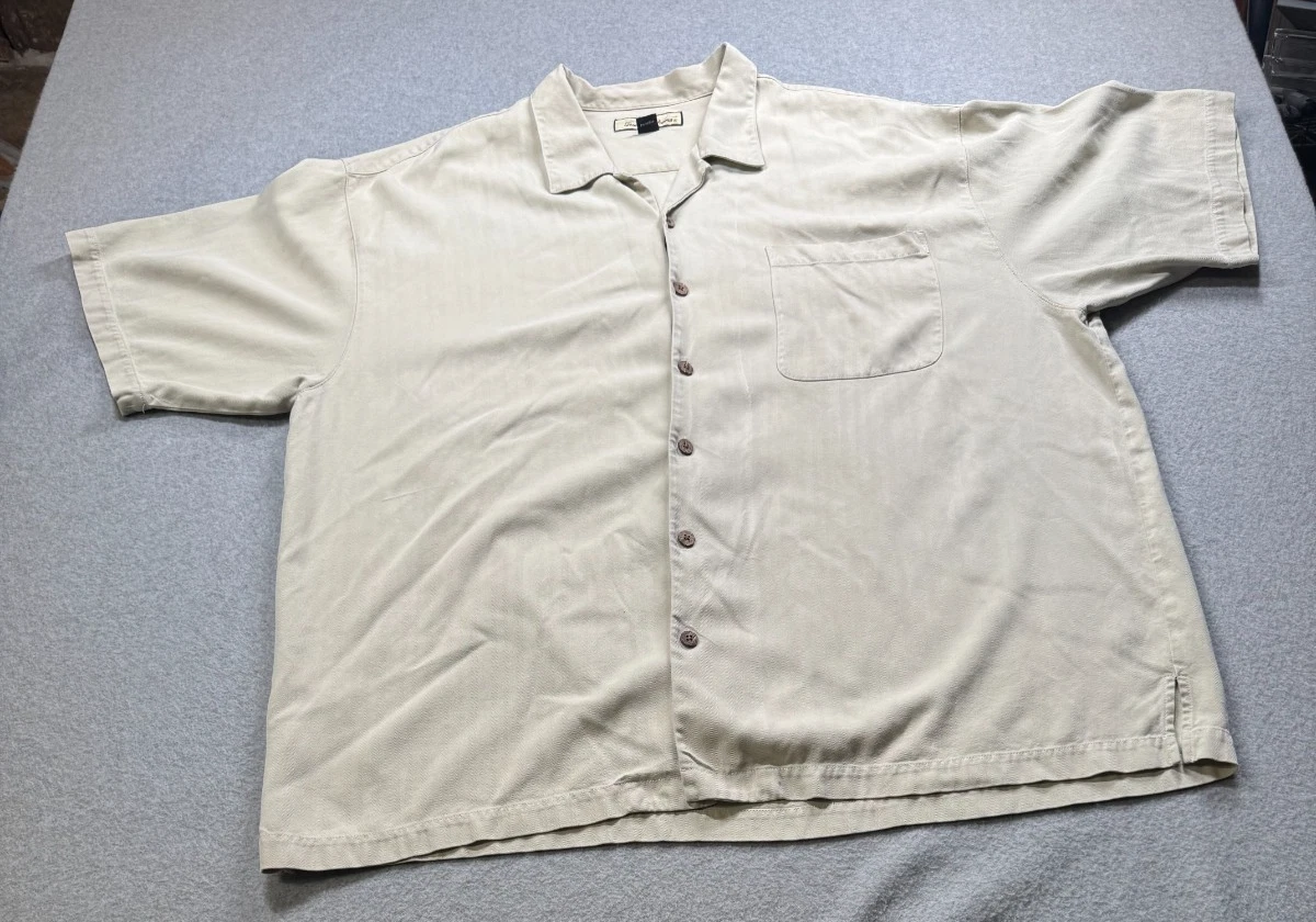 Tommy Bahama Mens Shirt Adult 2XL Beige 100% Silk Button-Up S/S Casual