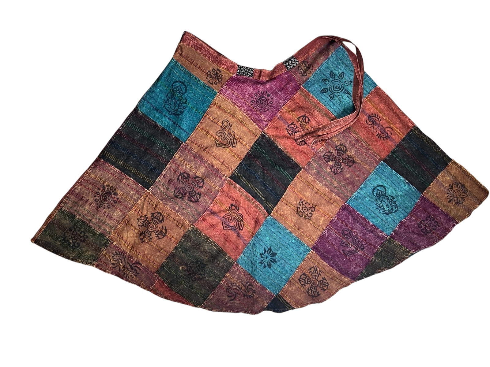 Vintage Patchwork Block Batik Wrap Midi Skirt  OS… - image 2