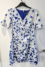 ADRIANNA PAPELL White Blue Floral V Neck Mock Wrap Bodycon Dress Size 14