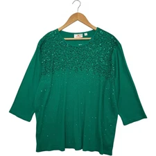 Quacker Factory Top Womens 2X Green Sequin Embellished 3/4 Sleeve Christmas