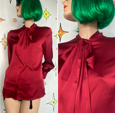 Red Secretary Bow Neck Blouse Dark Academia Button Down Top // XS