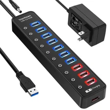 Powered USB 3.0 Hub 11-Port w/ 7 Data 4 Charging Ports & Switches + 12V Adapter