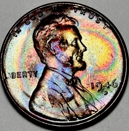 1946-d Lincoln Wheat Cent -GEM BU RAINBOW  TONED!!