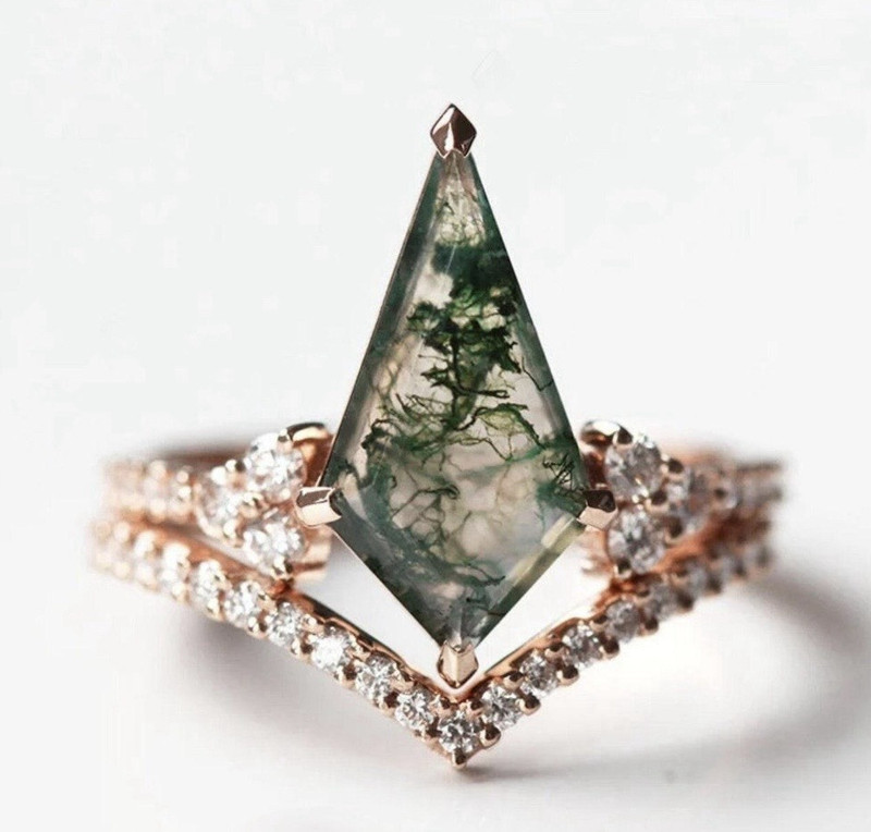 Unique, Hand-Made Engagement Ring and Band: 14k Gold, Moss Agate & Diamonds