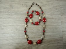 Beaded Necklace Bracelet Set Red Beads Natural Stone Artisan Made Strung on Wire