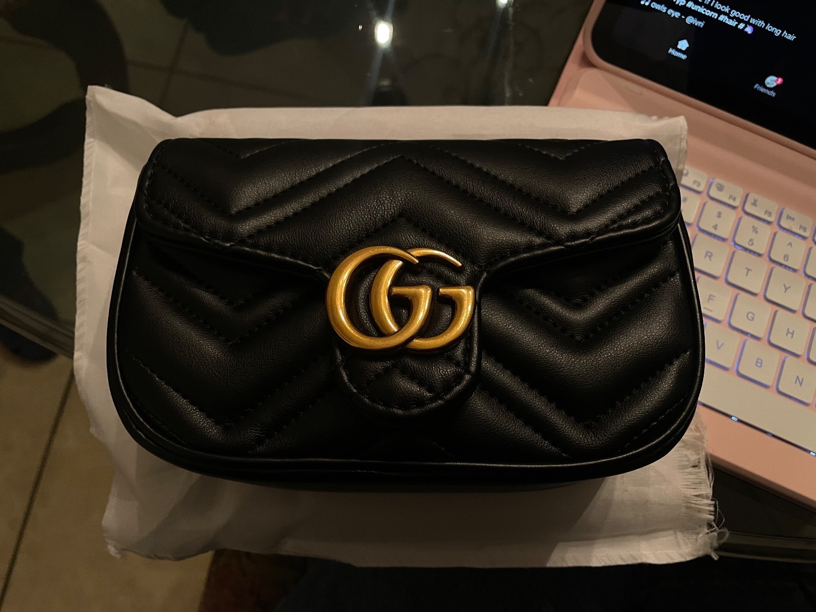Gucci GG Marmont Mini Black Matelasse Chevron Chain Shoulder Bag Gold Accents