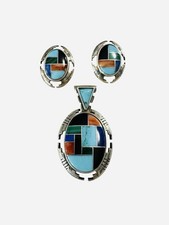 Carolyn Pollack Sterling Silver Multicolor Gem Inlay Pendant & Earrings Set Read