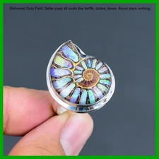 925 Sterling Silver Pear Multi Shade Ammonite Fossil Stone Mother Statement Ring