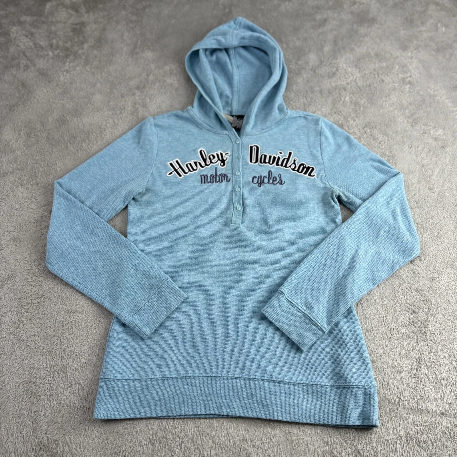 Harley-Davidson Hoodie Womens Medium Blue Thermal Henley Hooded Graphic Logo