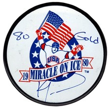 Ken Morrow Signed USA 1980 Miracle on Ice Puck w/ 80 Gold Beckett Wit BAS COA