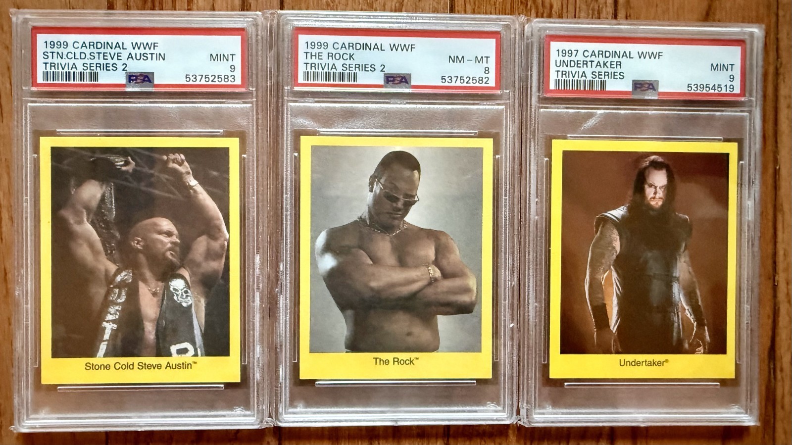 1997-1999 CARDINAL TRIVIA WWF THE ROCK, STONE COLD STEVE AUSTIN, UNDERTAKER PSA9