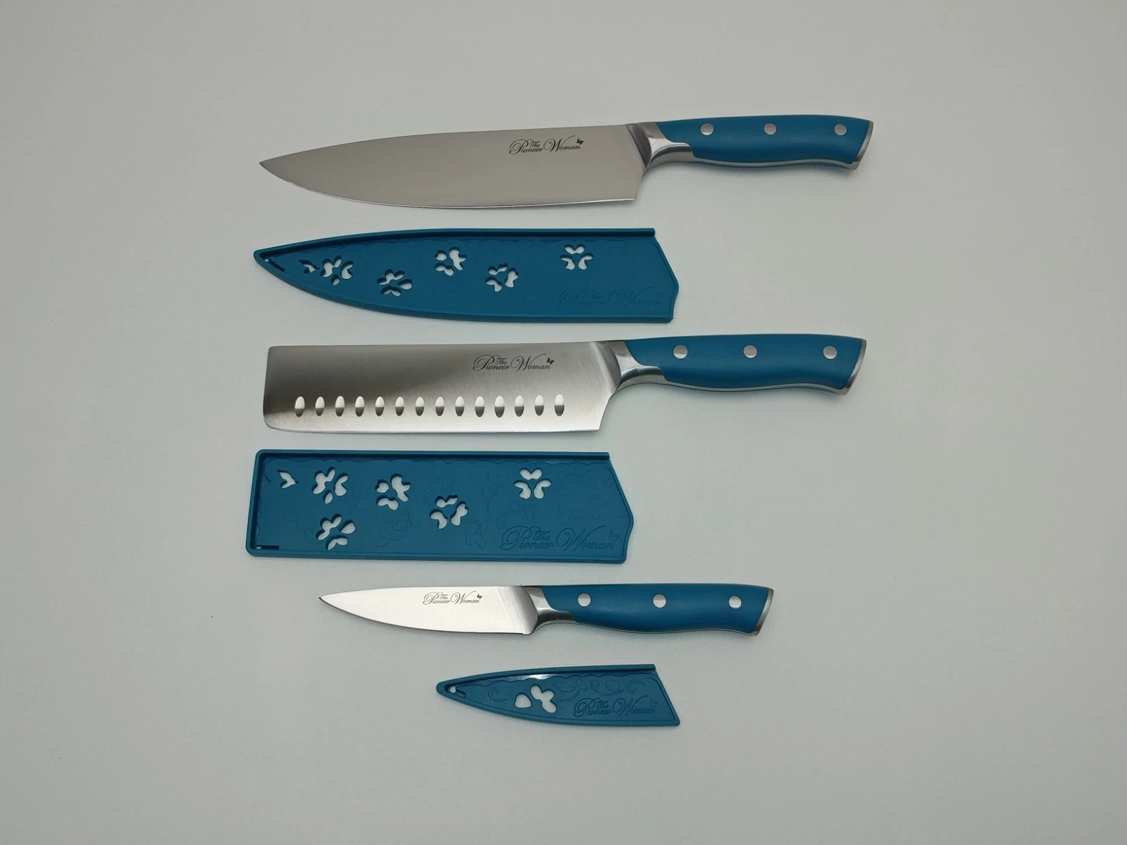 The Pioneer Woman Teal 3 Knife Set 6.5" Nakiri 3.5" Paring 8" Chef Knives
Opens in a new window or t