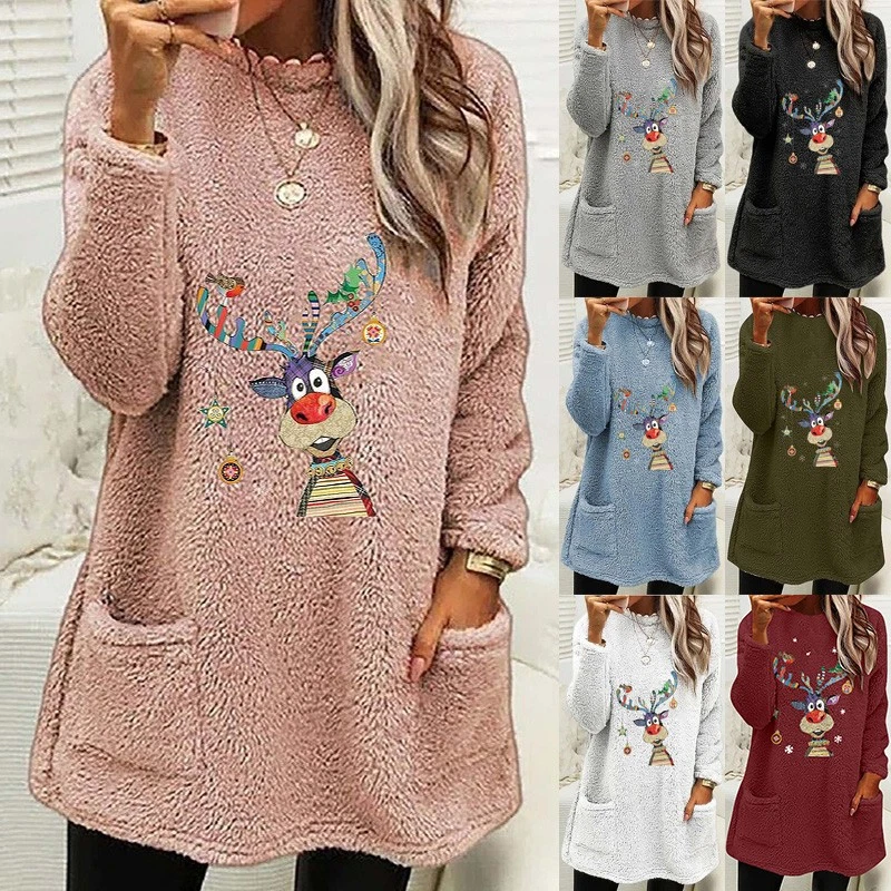 Ladies Christmas Reindeer Fleece Xmas Jumper Pullover Sweatshirts Tops PLUS SIZE - Image 3 of 4