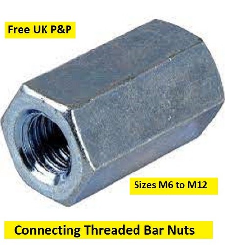 COUPLING NUTS Hexagon Connector For Threaded Rod / Bar & Stud Connecting Zinc - Afbeelding 2 van 2