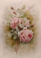 Original Artworks Painting Flowers DUSTY PINK VINTAGE ROSES Floral Arts Gift A4